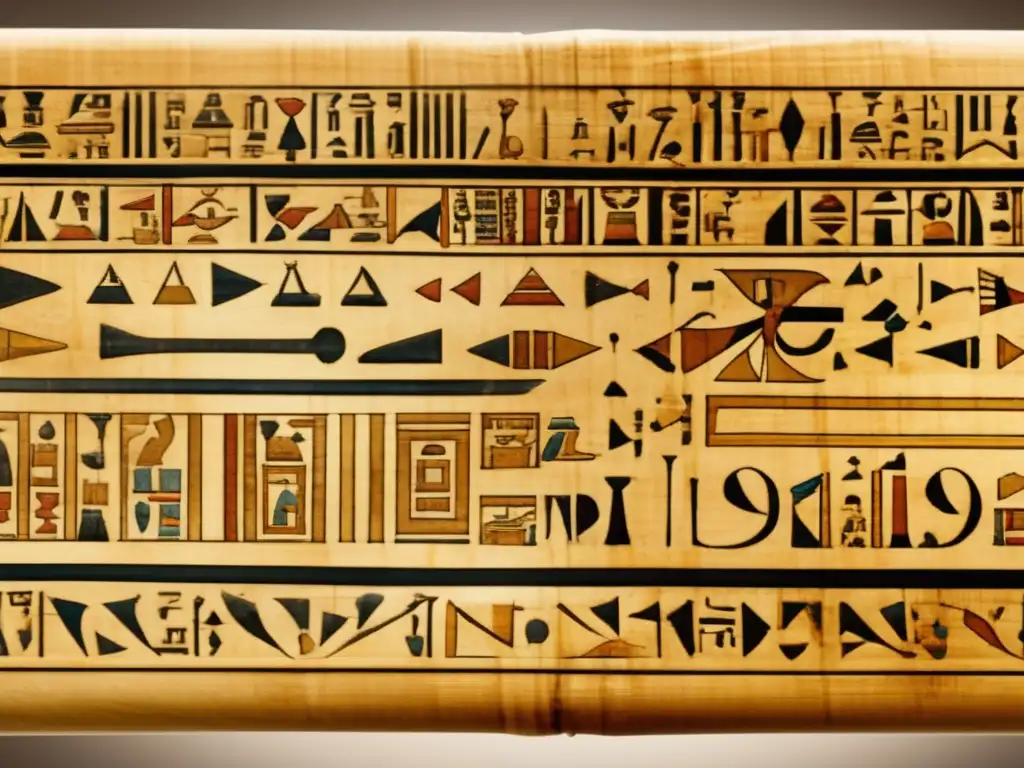 Aporte egipcio a matemáticas antiguas: Imagen detallada de un antiguo pergamino egipcio, con cálculos y diagramas geométricos intrincados