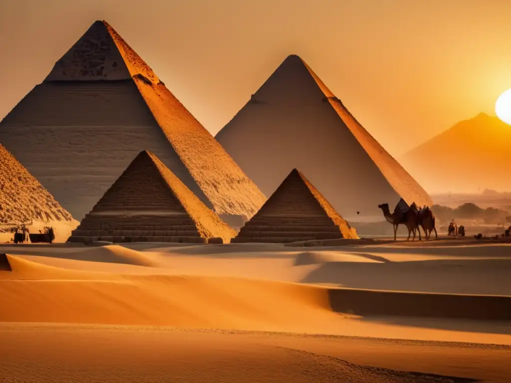 Evolución del arco y bóveda egipcia: La majestuosidad de las Pirámides de Giza se alza en el horizonte dorado del atardecer