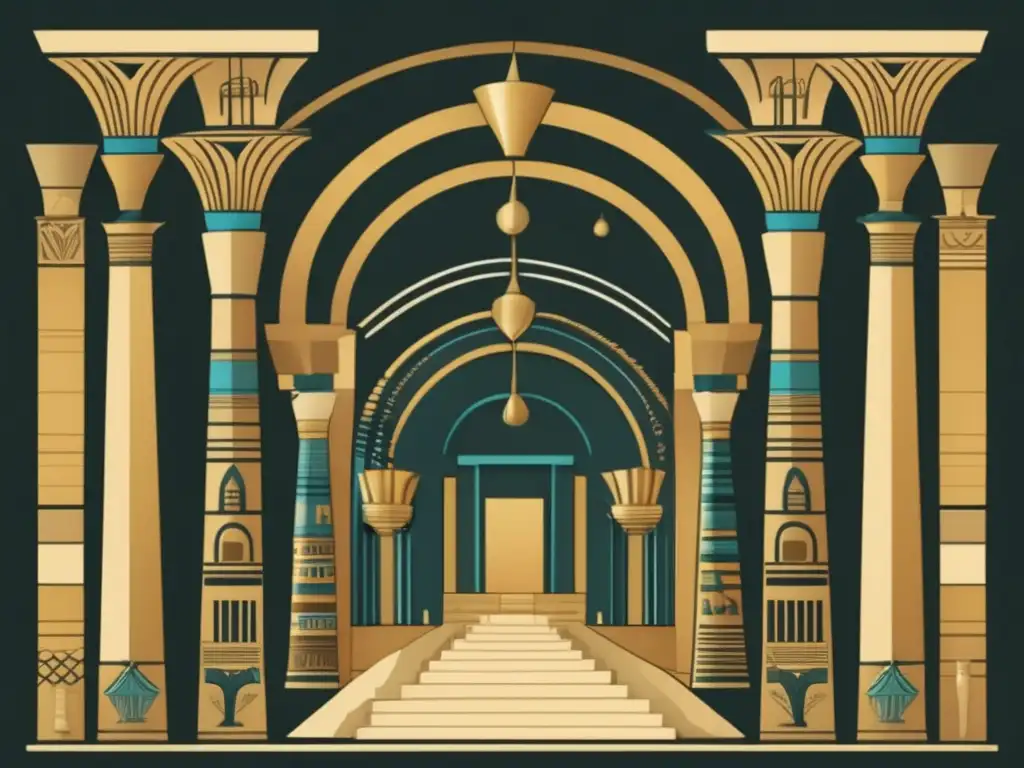 Evolución del arco y bóveda egipcia: Ilustración vintage de la progresión de elementos arquitectónicos, desde estructuras simples hasta diseños complejos con motivos egipcios icónicos y detalles meticulosos