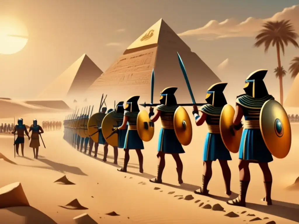 Armamentos defensivos en el Antiguo Egipto: Ilustración detallada de soldados egipcios con elaboradas armaduras, armas y paisaje desértico