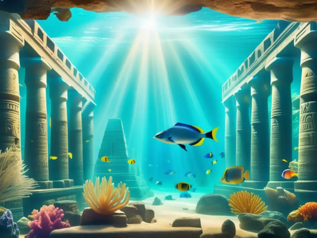 Arqueología subacuática en Egipto: Ruinas de un antiguo templo egipcio, cubiertas de corales vibrantes y rodeadas de peces tropicales
