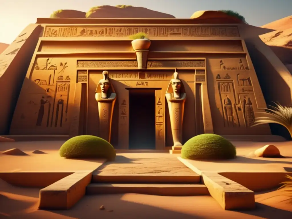 Un arqueólogo agotado se maravilla ante la antigua tumba egipcia, iluminada por el cálido sol dorado