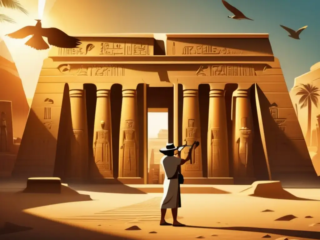 Un arqueólogo examina con atención una tableta de hieroglíficos en un templo egipcio antiguo, bañado en cálida luz dorada