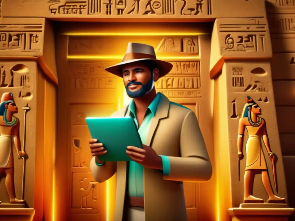 Un arqueólogo en atuendo caqui y sombrero fedora, frente a la entrada de una antigua tumba egipcia decorada con jeroglíficos y colores vibrantes