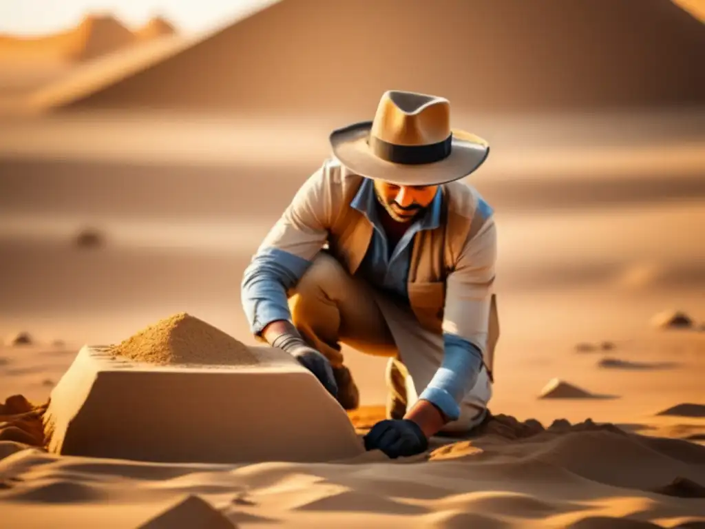 Un arqueólogo excava con cuidado un artefacto en el desierto dorado de Egipto