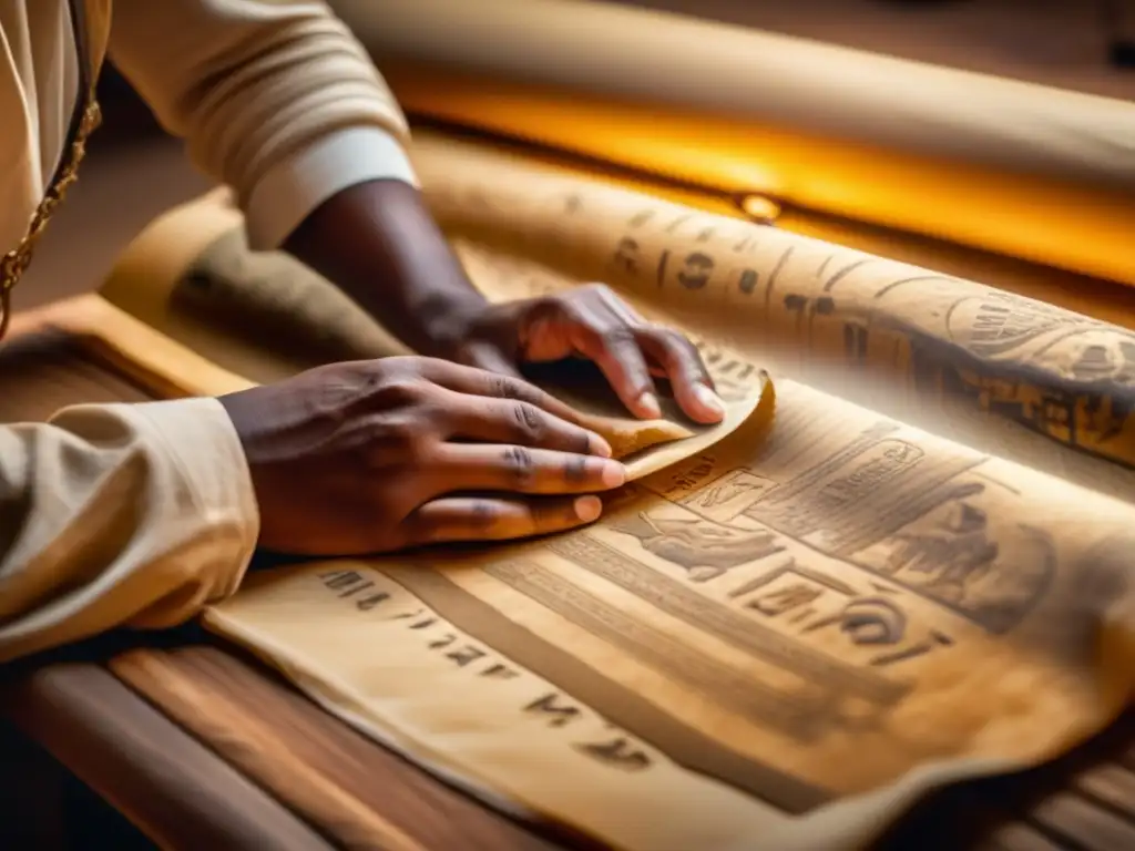 Un arqueólogo desenrolla con cuidado un papiro antiguo, iluminado por una suave luz dorada