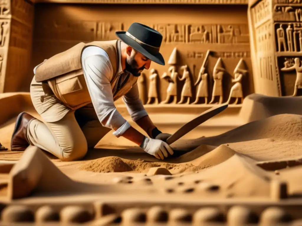 Arqueólogo en una excavación egipcia con herramientas modernas, desvelando misterios y secretos del pasado