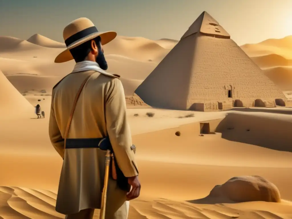 Un arqueólogo en un traje de explorador caqui y sombrero de ala ancha se encuentra rodeado de ruinas egipcias antiguas en el desierto