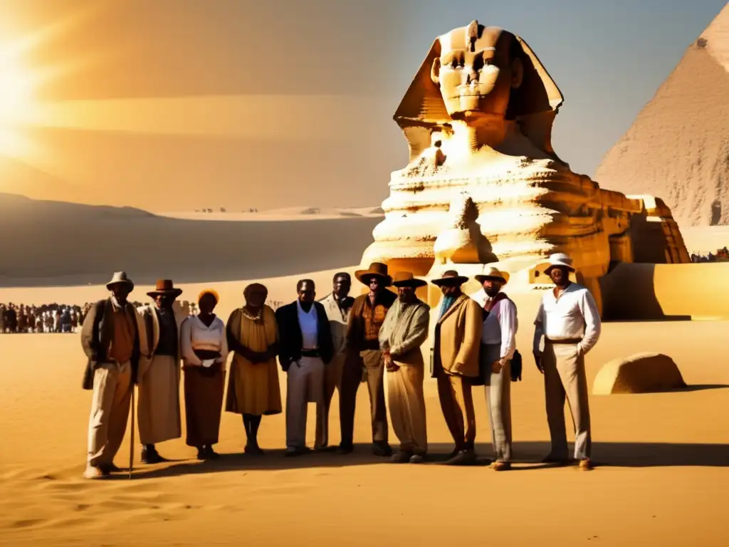 Arqueólogos en el desierto de Egipto, frente a la majestuosa Esfinge de Giza