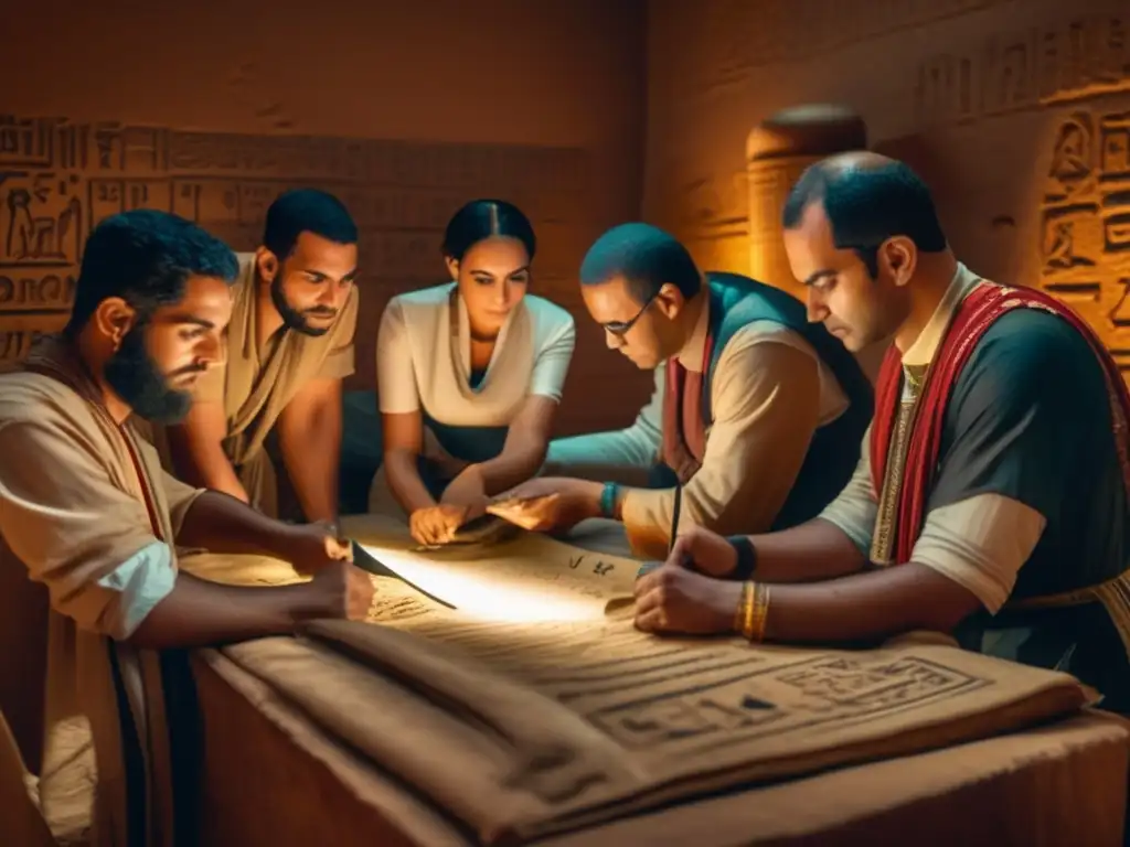 Arqueólogos egipcios desvelando jeroglíficos en una sala iluminada con tenue luz, rodeados de pergaminos y artefactos antiguos