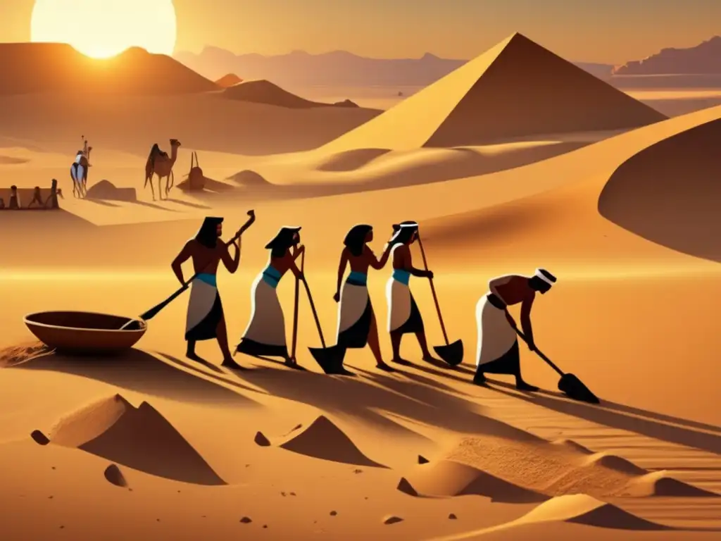 Arqueólogos egipcios meticulosos desenterrando tesoros en el abrasador desierto, con técnicas de excavación en Egipto