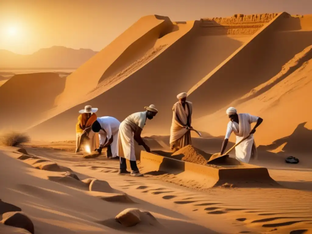 Arqueólogos excavando estelas de frontera de Akhenatón en la árida Nubia, bajo el cálido sol del atardecer