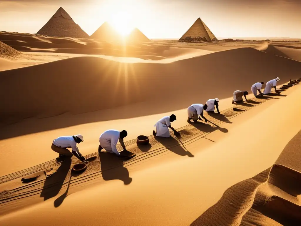 Arqueólogos en Egipto, delicadamente desenterrando tesoros antiguos bajo el cálido sol de la tarde