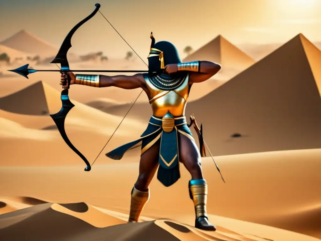Un arquero egipcio vintage en acción, destacando la importancia del arco en la guerra egipcia