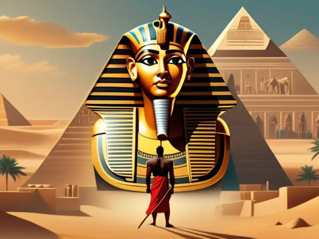 Imhotep, el arquitecto ingeniero médico, se destaca en una ilustración vintage, rodeado de estructuras arquitectónicas icónicas de Egipto