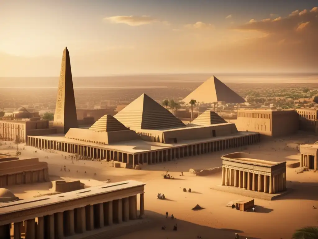 Arquitectura civil en el Imperio Antiguo: Una detallada imagen de la antigua ciudad de Memphis en Egipto, con casas, templos y edificios públicos de diseño intrincado, en tonos desgastados y texturas envejecidas