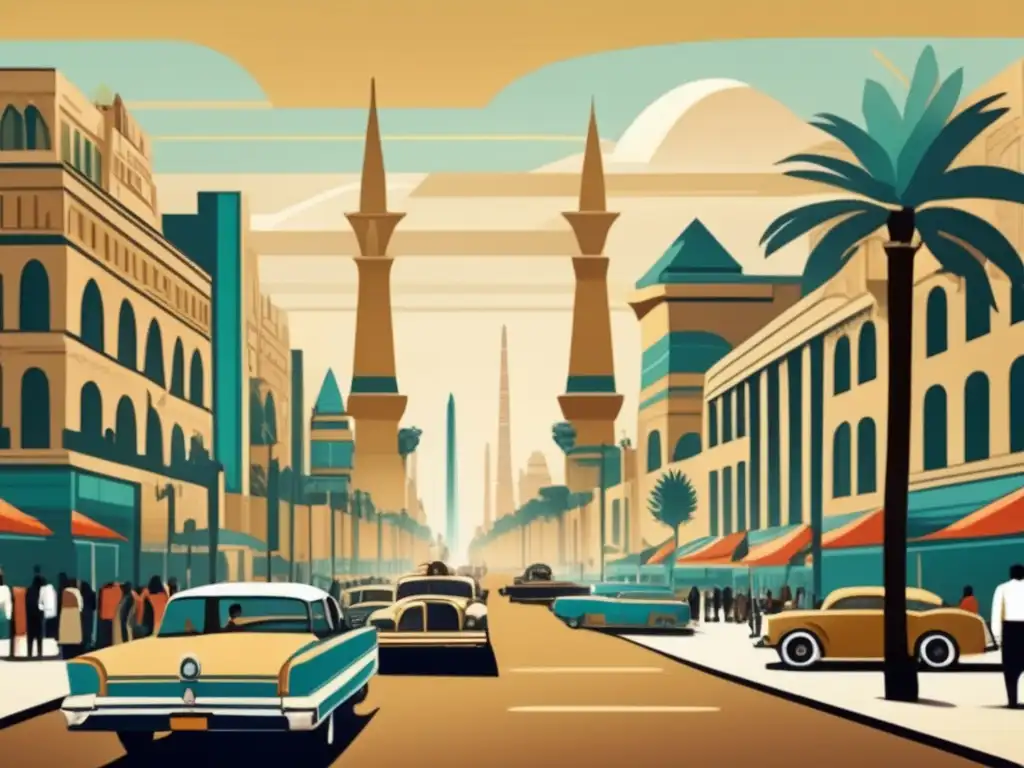 Arquitectura urbana fusionada con elementos egipcios en una ciudad bulliciosa y nostálgica