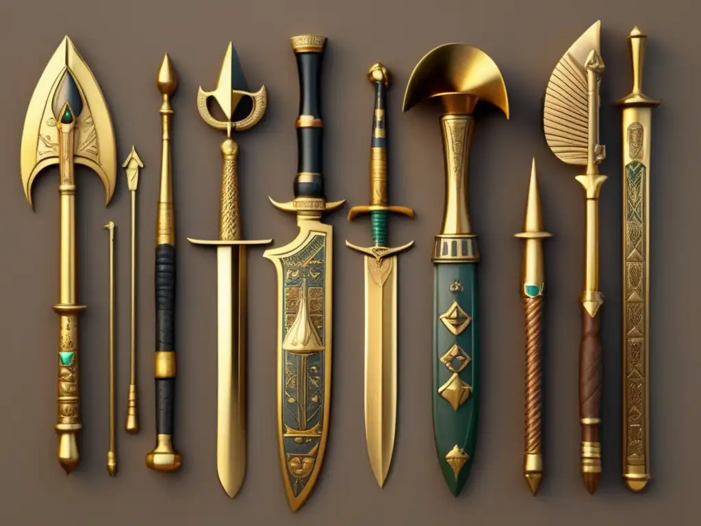 Un arsenal del guerrero egipcio, con armas de poder y autoridad, flechas de bronce y una daga dorada, rodeado de amuletos y símbolos antiguos