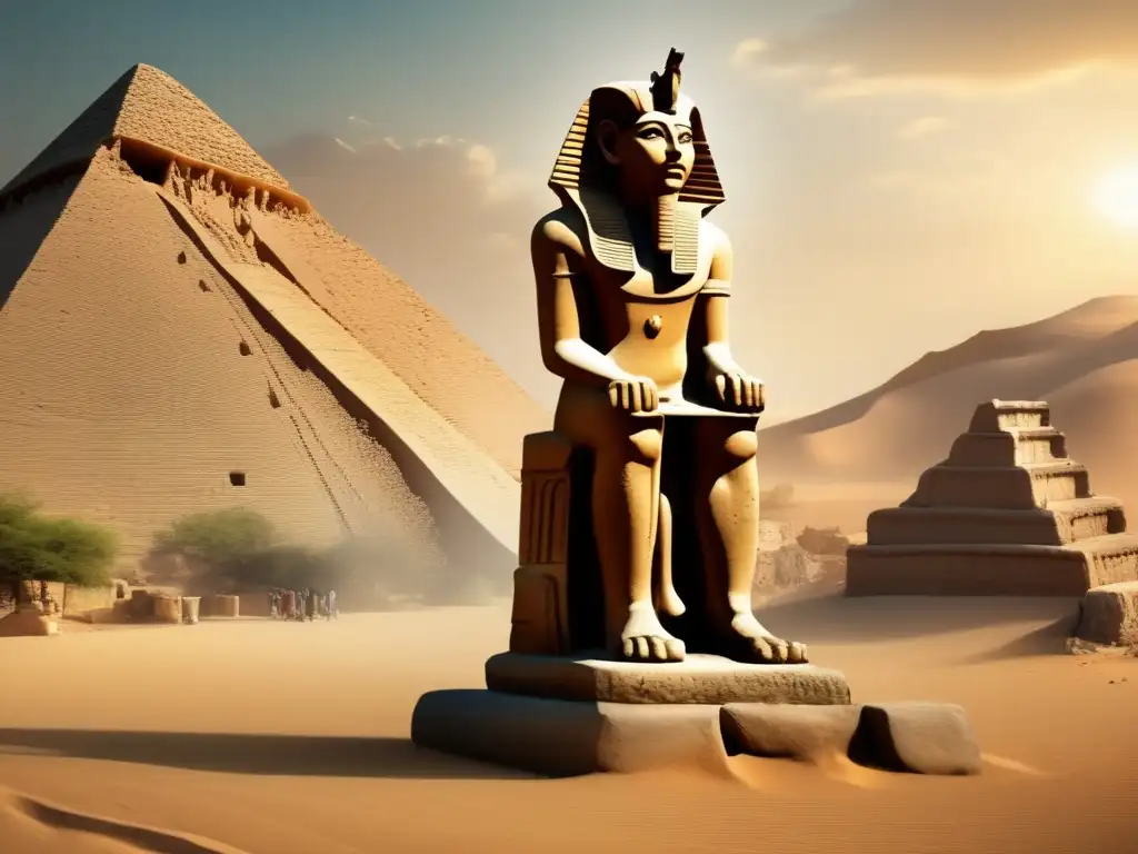 Arte en declive durante el Tercer Periodo Intermedio: Una estatua de piedra desgastada de un faraón, rodeada de ruinas antiguas