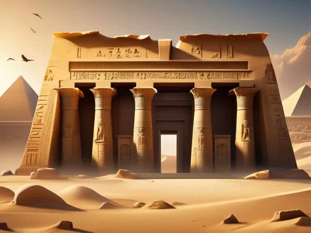 Arte en declive durante el Tercer Periodo Intermedio: Templo egipcio antiguo en ruinas, rodeado de un desierto dorado