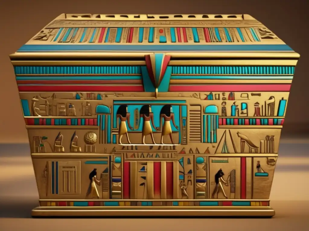 Preservación del arte egipcio: Réplica 3D de un sarcófago antiguo, detalladamente decorado con jeroglíficos vibrantes y colores vivos