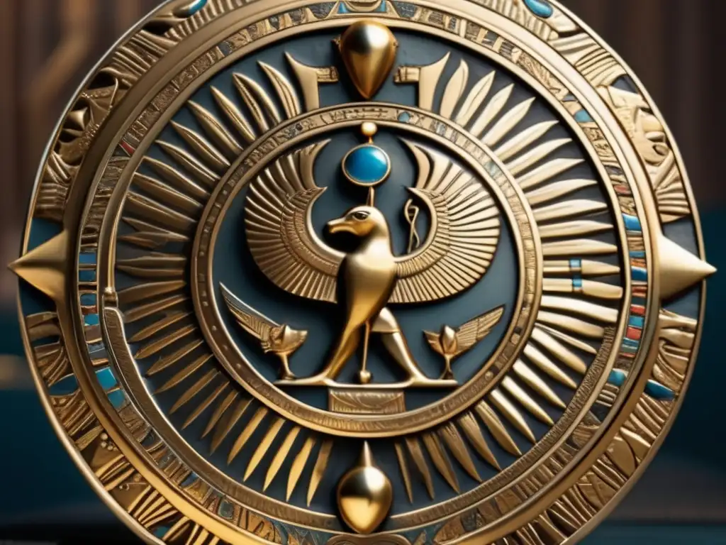 El arte del escudo egipcio en guerra: Un escudo de bronce pulido con motivos de Ra, resplandeciendo rayos dorados