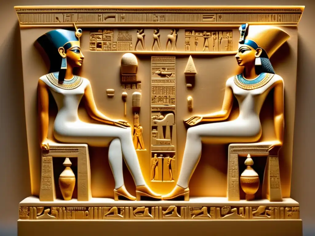 Arte en el período de Amarna: Detallada escultura en relieve de Akhenaten y Nefertiti, tronos dorados, paisaje cálido y controvertida belleza egipcia
