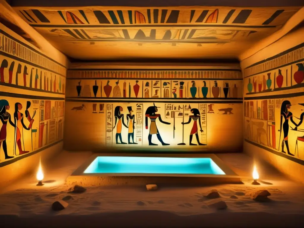 Ingeniería y arte en tumbas subterráneas: un misterioso y reverente ambiente con murales egipcios, jeroglíficos, y un sarcófago adornado