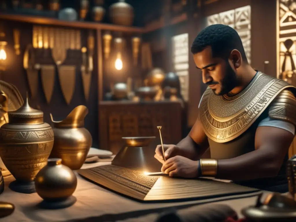 Artesano egipcio crea armadura de bronce en taller místico