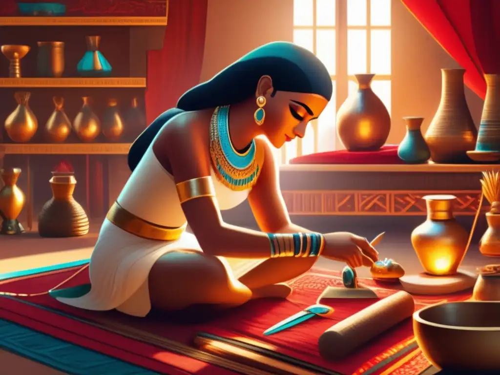 Un artesano egipcio interpreta la iconografía de la artesanía con precisión y dedicación en su taller iluminado por los rayos dorados del sol