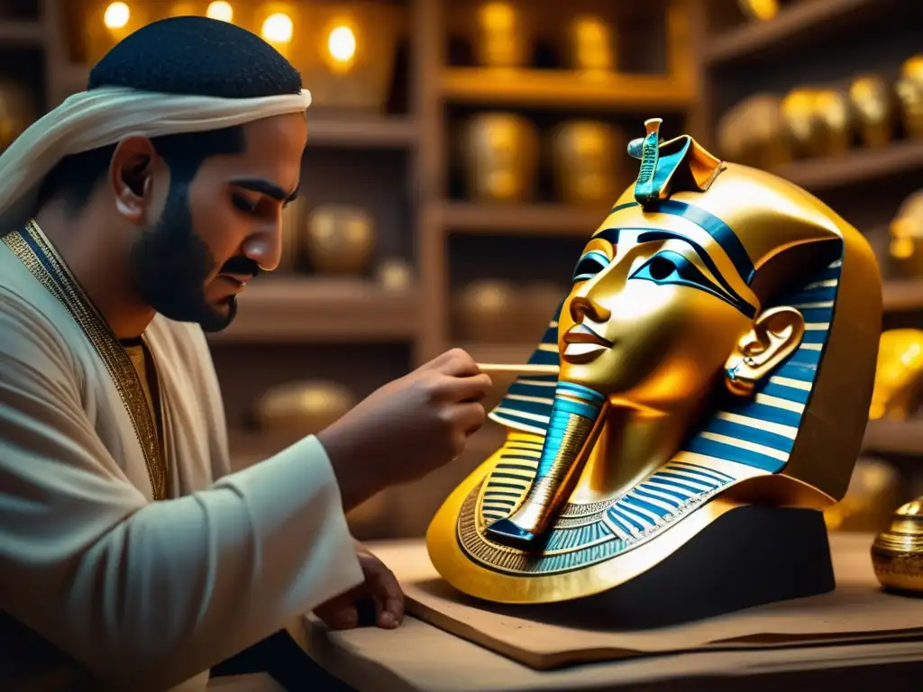 Un artesano egipcio meticuloso crea máscaras funerarias egipcias en un taller adornado con jeroglíficos
