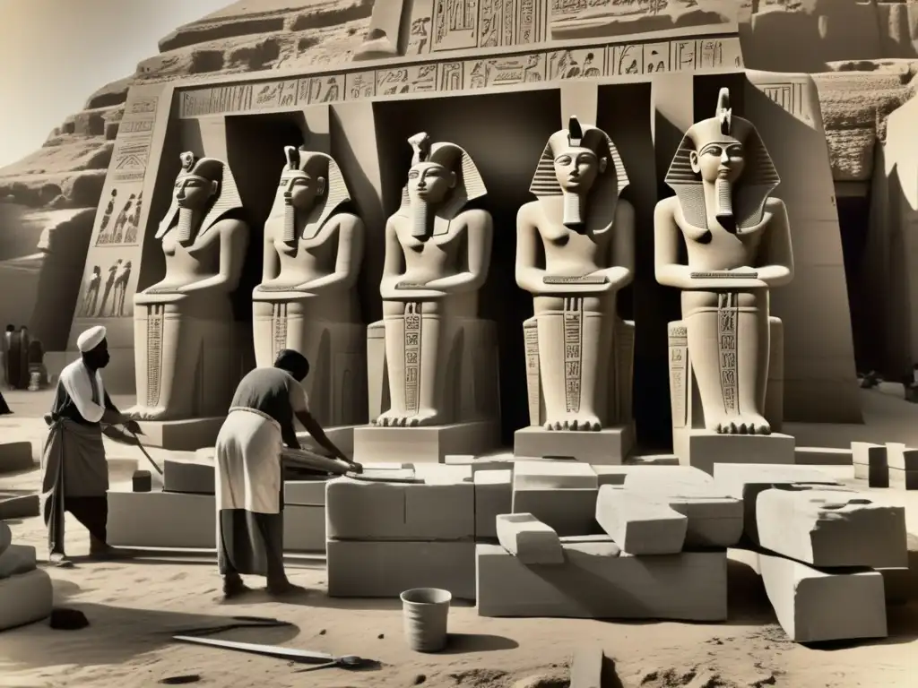 Artesanos egipcios esculpen con detalle una estatua majestuosa en bloque de piedra