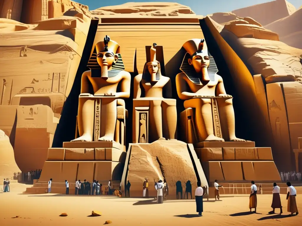 Artesanos egipcios construyendo estatuas majestuosas en una cantera soleada