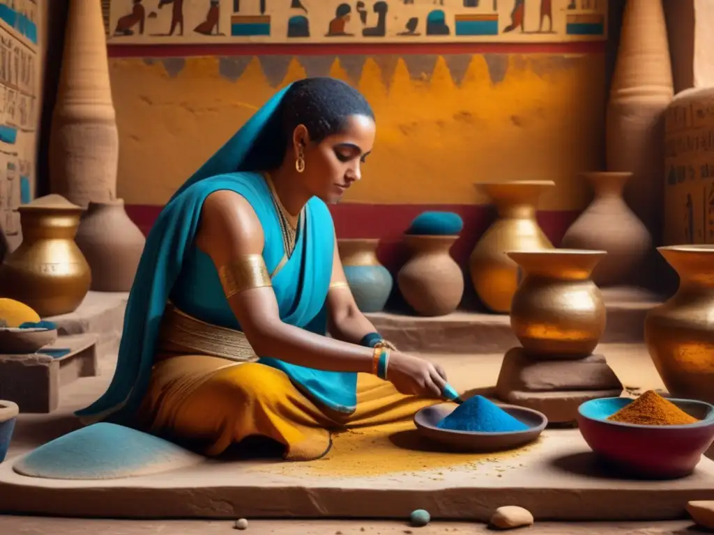 Un artista antiguo de Egipto mezcla pigmentos en su paleta de piedra, creando una obra detallada y vibrante