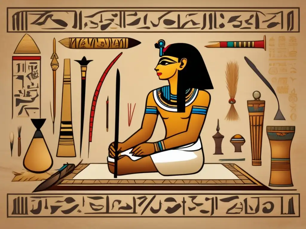 Un artista egipcio antiguo se concentra en trazar delicadas líneas de caligrafía egipcia con una pluma de ave