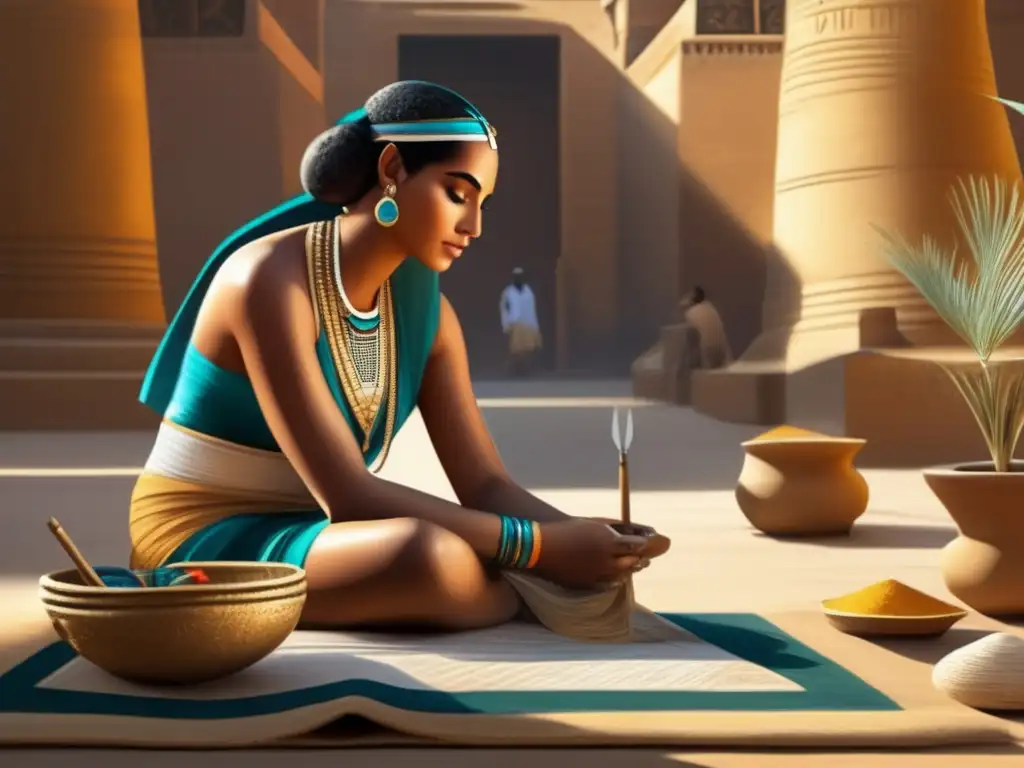 Un artista egipcio antiguo trabaja con delicadeza en un patio soleado, aplicando pigmentos vibrantes a un pergamino de papiro
