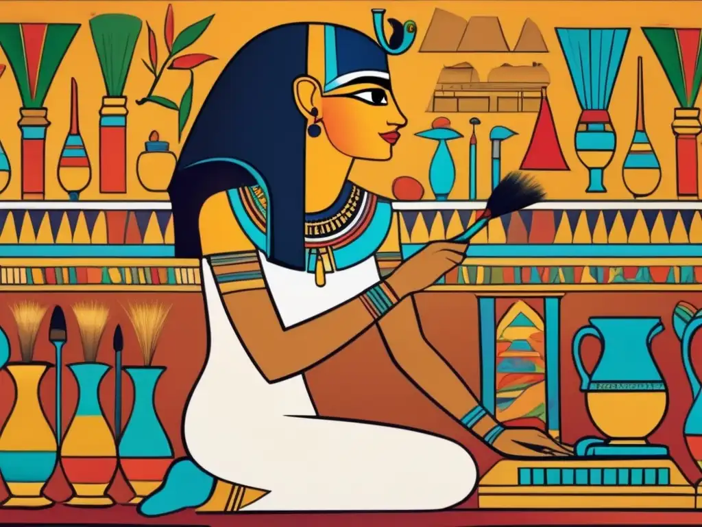 Un artista egipcio antiguo pinta meticulosamente un mural vibrante en un templo