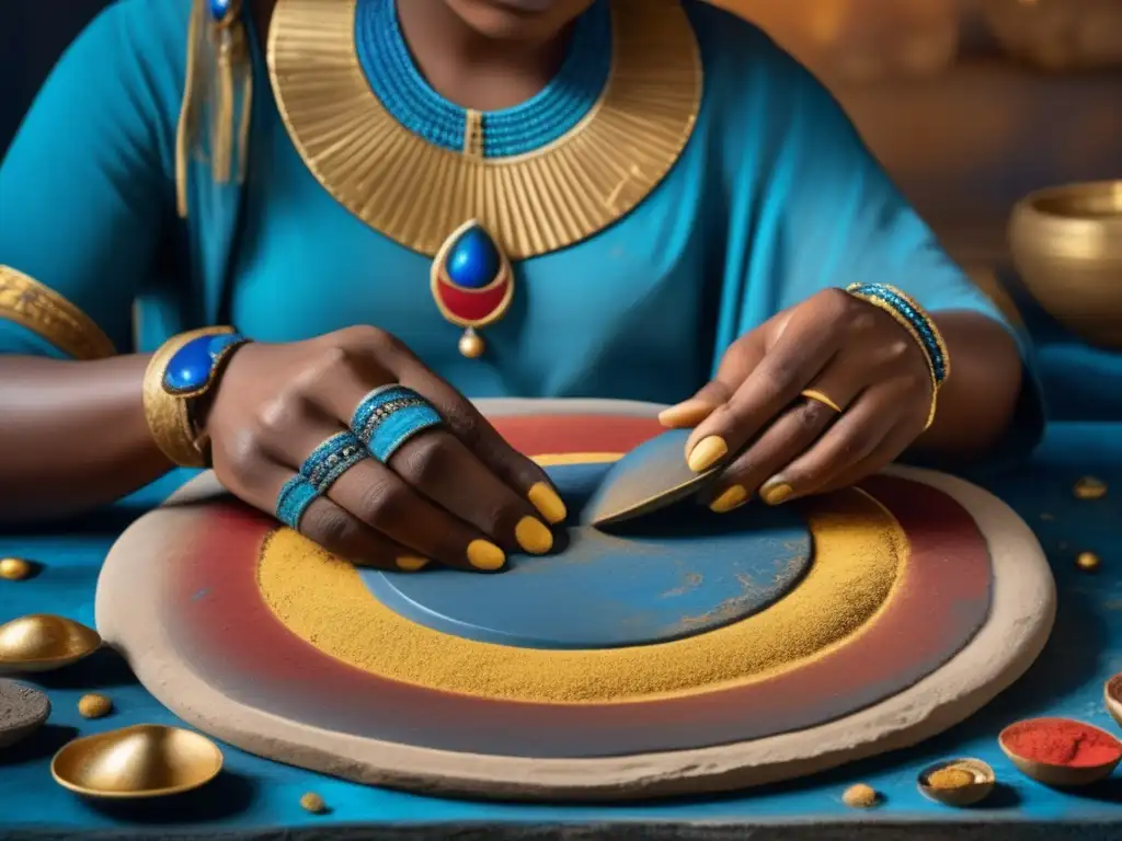 Un artista egipcio antiguo muele meticulosamente pigmentos en una paleta de piedra, con vibrantes tonos de azul, rojo y amarillo esparcidos en la superficie