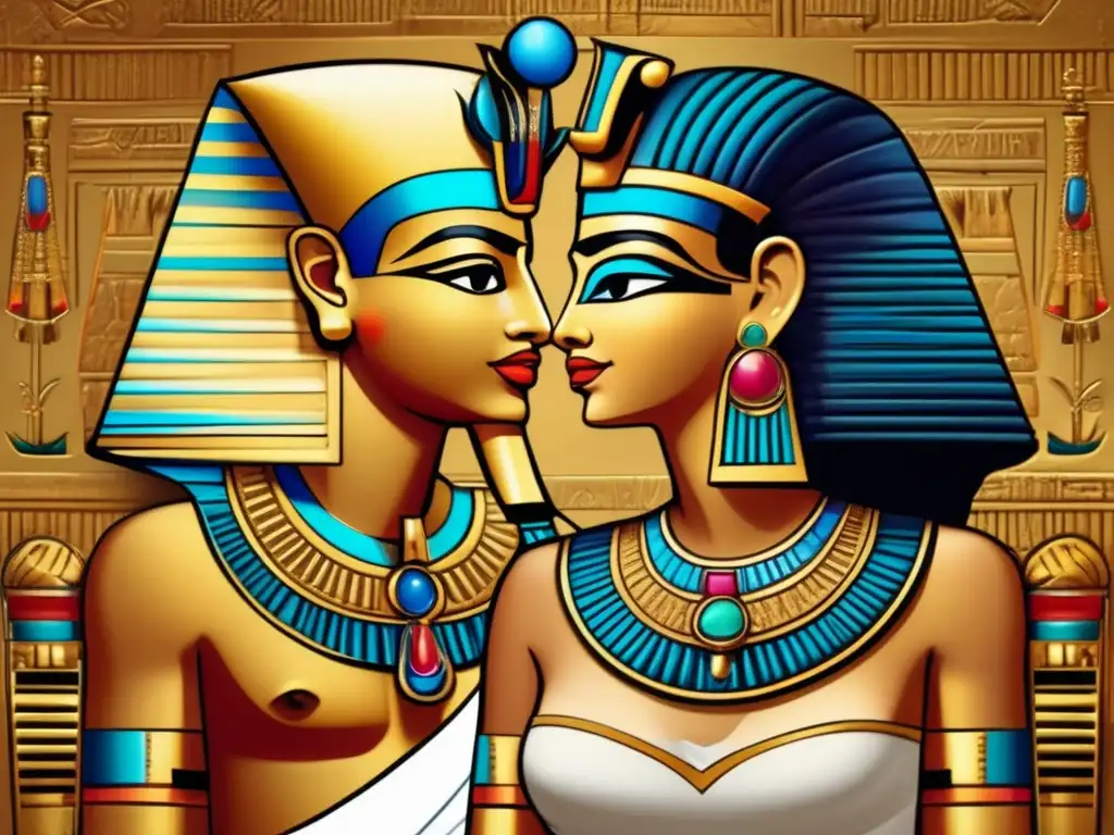 Representación artística egipcia muestra a un faraón y reina con joyas exquisitas y elaborados tocados