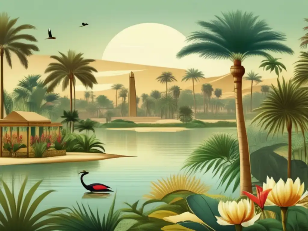 Representación artística de la vida cotidiana egipcia en un exuberante jardín a orillas del Nilo, con flora exótica y animales curiosos