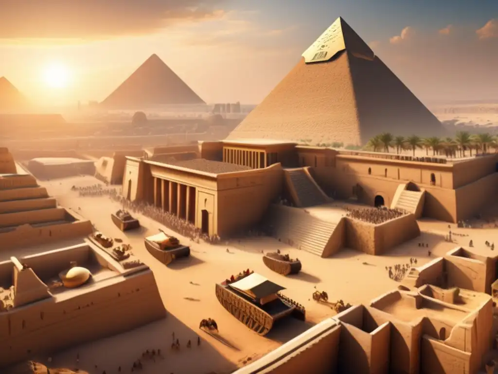 Ingeniería de asedio en Egipto: Una antigua ciudad egipcia llena de vida, con altos muros de piedra y trabajadores construyendo maquinaria de asedio