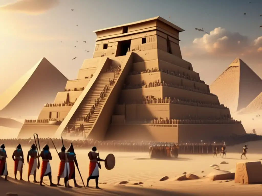 Ingeniería de asedio en Egipto: Antiguos ingenieros egipcios construyen meticulosamente una imponente torre de asedio en una fortaleza, demostrando su impresionante conocimiento arquitectónico y habilidades de ingeniería