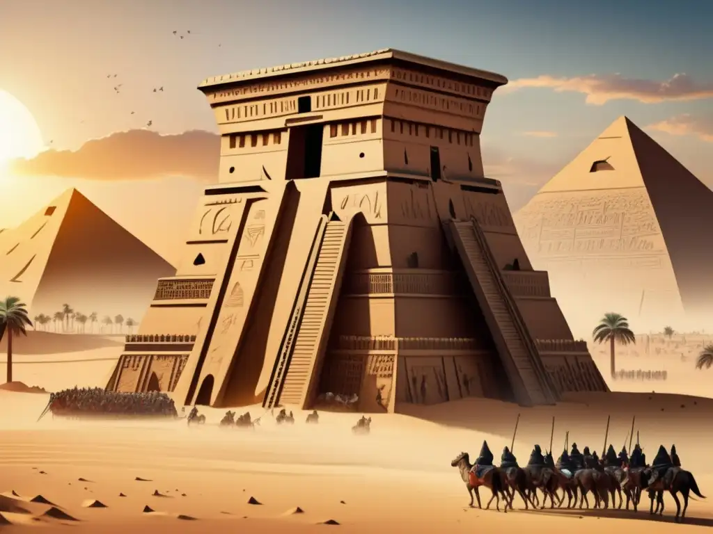 Ingeniería de asedio en Egipto: Una imponente torre de asedio egipcia detalladamente tallada se alza sobre el paisaje desértico