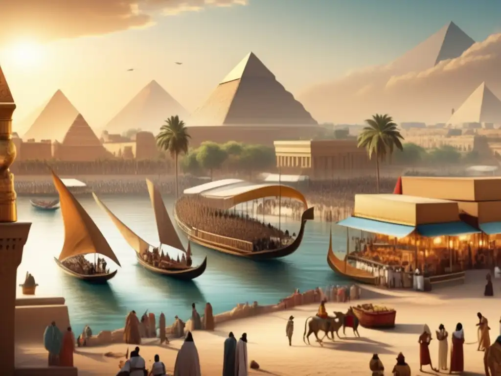 Una asombrosa ilustración vintage en 8k de una antigua ciudad egipcia, con majestuosas pirámides y calles llenas de gente y puestos de mercado
