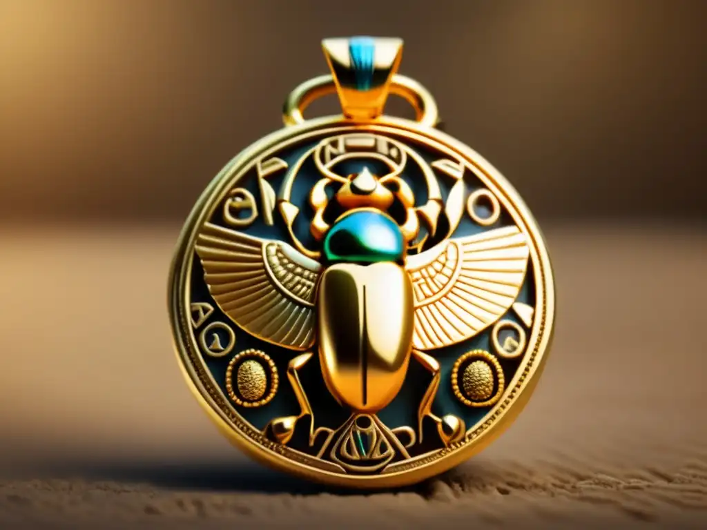 Una asombrosa imagen ultradetallada en 8k de un amuleto egipcio vintage bellamente elaborado en oro, adornado con intrincadas jeroglíficos