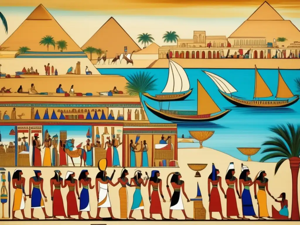 Una asombrosa pintura en papiro egipcio antiguo, que muestra una animada escena de Egipto