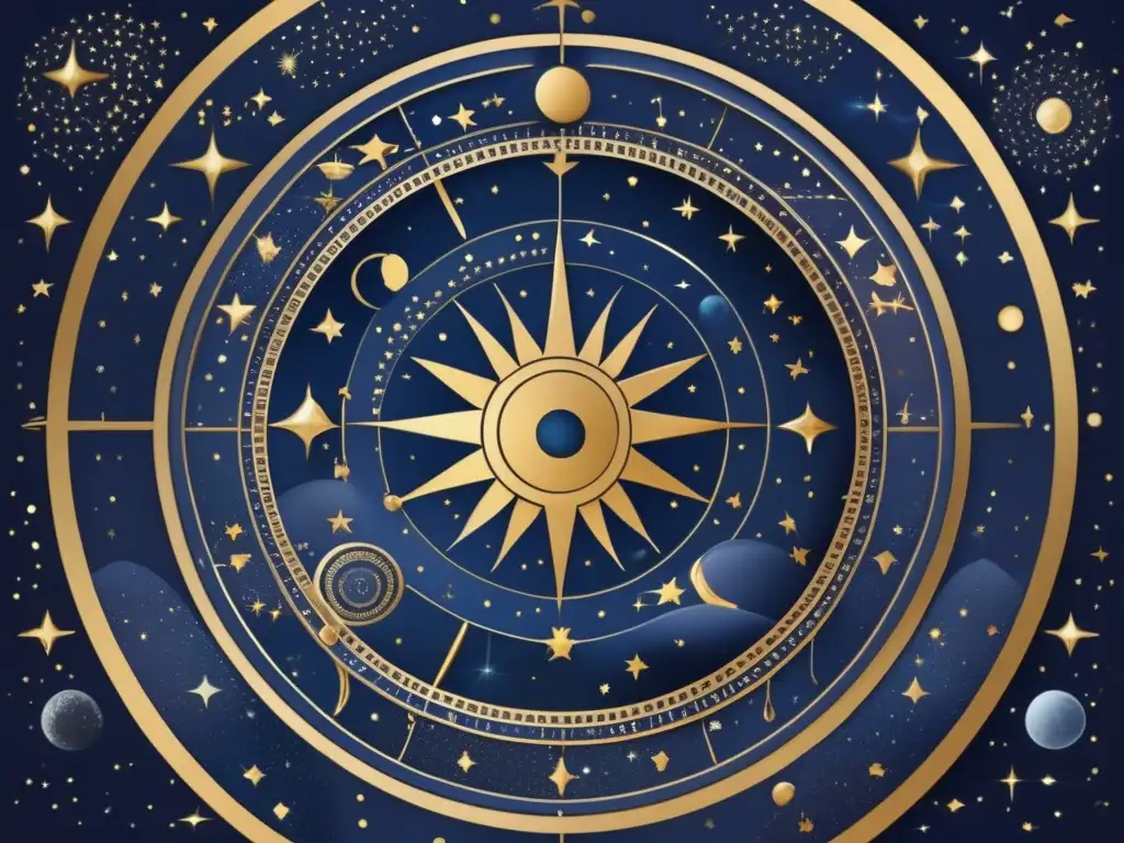 Astrología egipcia y su influencia: Una ilustración vintage del cielo nocturno, con constelaciones y signos zodiacales en un dial dorado rodeado de símbolos egipcios antiguos