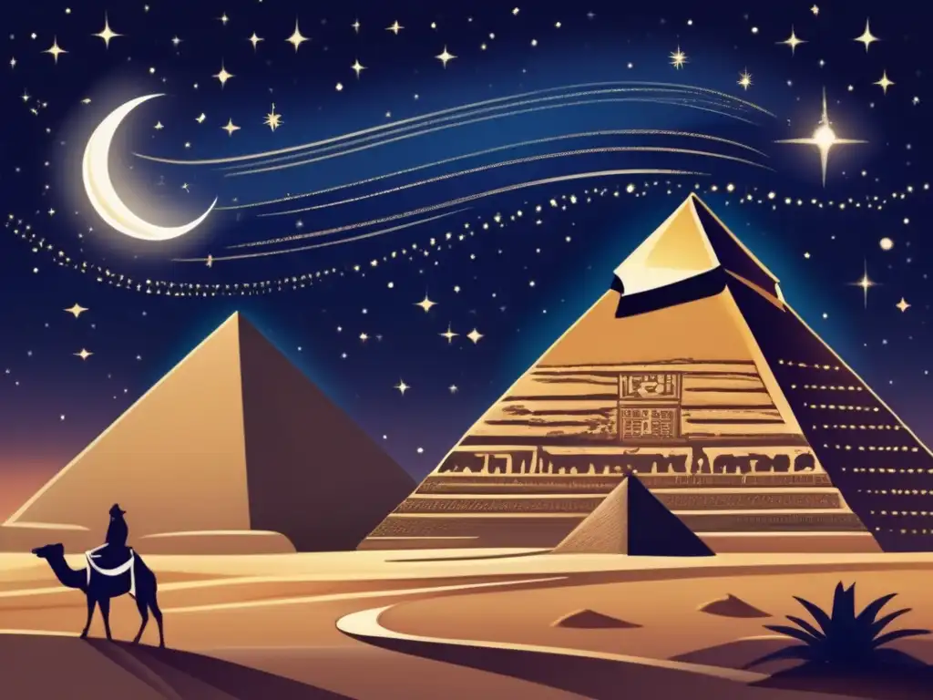 Astronomía en el Antiguo Egipto: Noche estrellada sobre las pirámides, con la luna creciente iluminando suavemente el paisaje