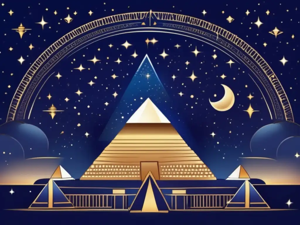 Astronomía en la religión egipcia: Noche estrellada sobre Egipto antiguo, con pirámide iluminada por la luna y constelaciones mágicas