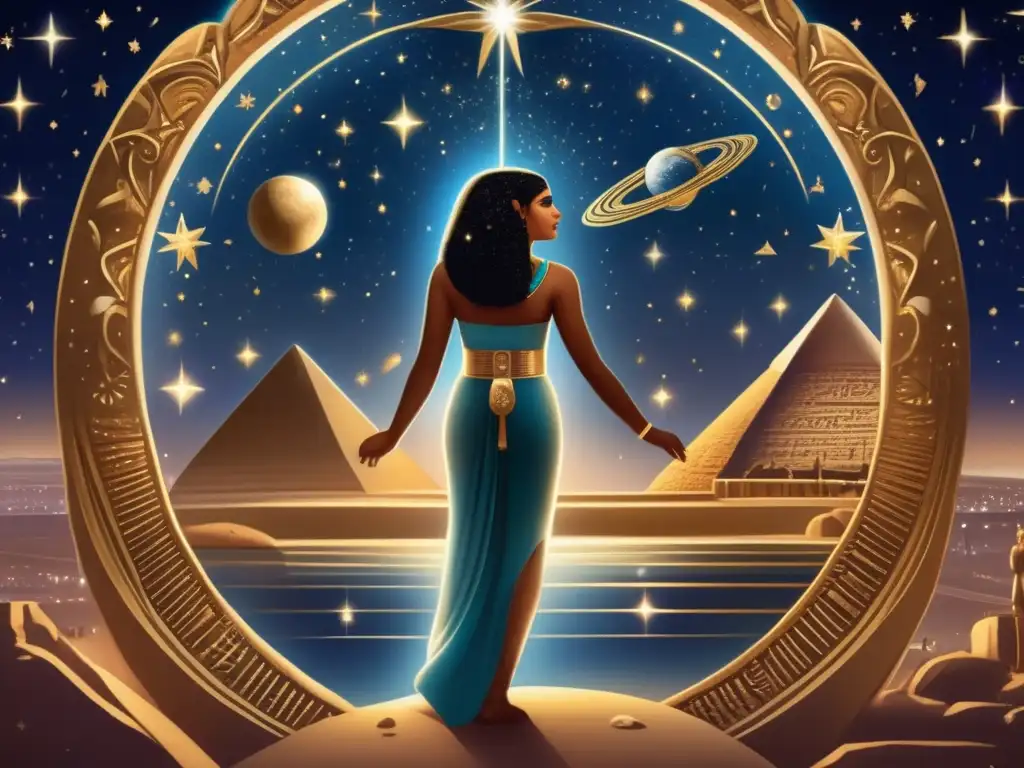 Astronomía en la mitología egipcia cobra vida en una majestuosa pintura vintage con detalles ultradetallados y resolución 8K